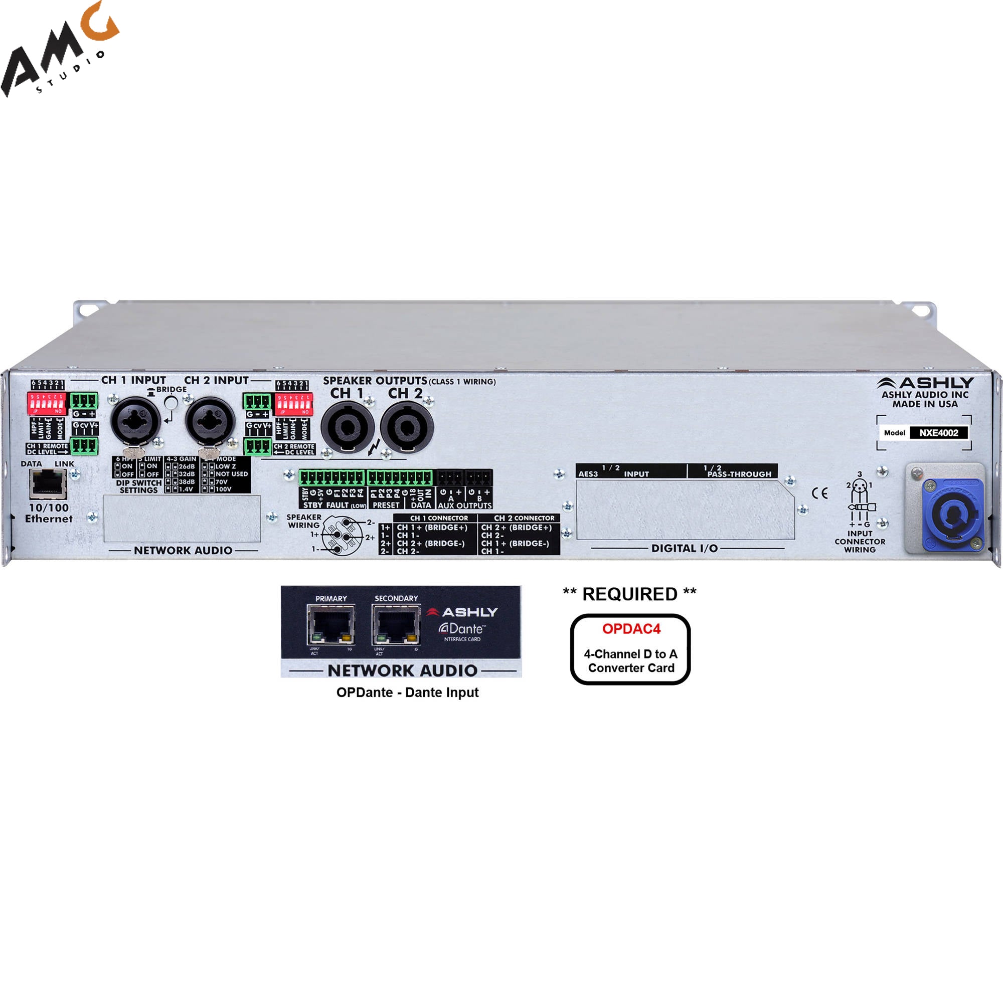 Ashly nXe4002bd 2x 400 Watts/2 Ohms Network Power Amplifier with OPDante Cards - Studio AMG
