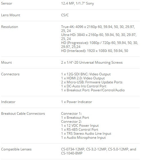 Marshall Electronics CV420-CS 12.4MP Compact 4K60 Camera with 12G-SDI and HDMI Output (No Lens) with Night Vision - Studio AMG